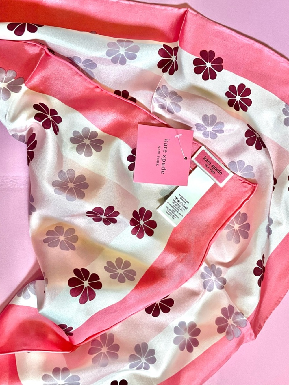 NEW Kate Spade Pink Floral Satin Scarf with Coral Border